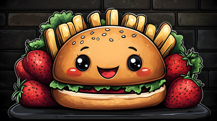 Adorable cartoon burger character with fries, lettuce, and strawberries on a plate