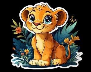 Adorable cartoon lion cub sits amidst lush, vibrant tropical foliage