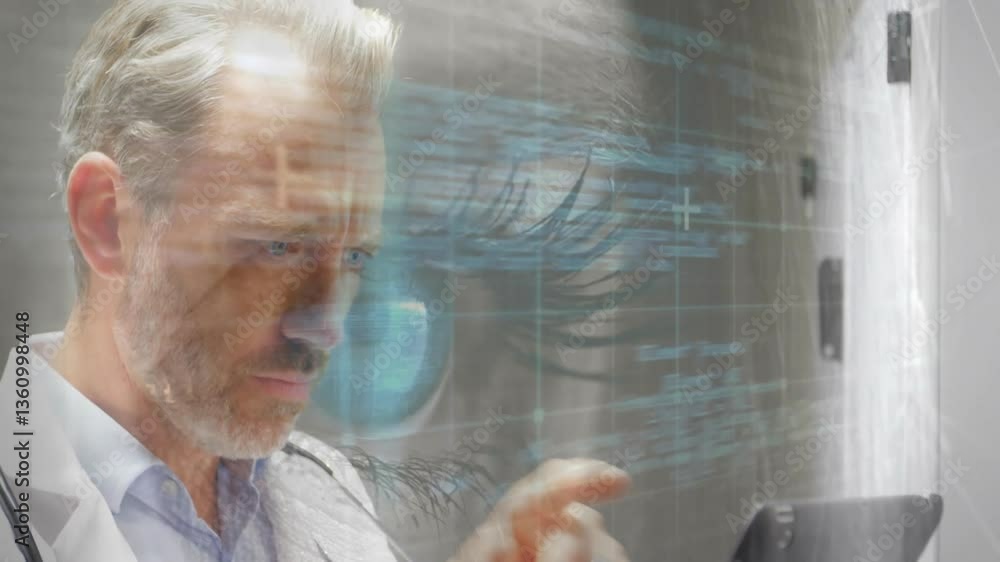 Poster using smartphone, man with digital code and eye animation in background