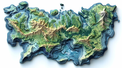 3D topographic land & ocean Highlands, mountains, forests, coastline
