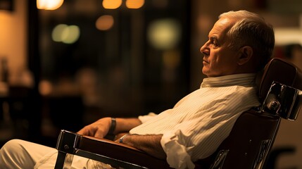 Elderly man in a barber chair, warm light, blurred shop background, conveying timeless tradition and quiet reflection