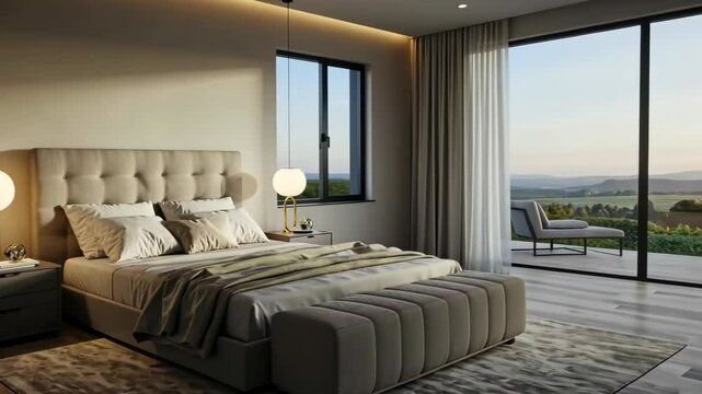 Luxurious bedroom with scenic view, sunrise, modern design