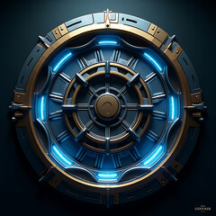 Naklejka premium Futuristic Mechanical Design – Intricate Gear-Like Structure with Glowing Blue Accents, Metallic Blues, Golds & Blacks, Sci-Fi Portal Aesthetic Featuring Precision, Energy, and Complex Detailing