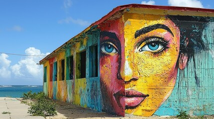 Vibrant mural of a woman's face on a colorful building near the ocean.