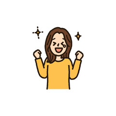喜びで感動しガッツポーズをする女性のイラスト　上半身　手書き