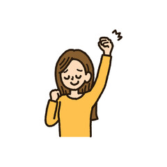 何かに勝利して拳を突き上げる女性のイラスト　上半身　手書き
