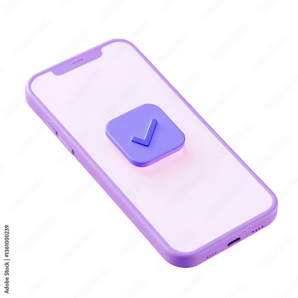 Poster a lavender smartphone displaying a glowing purple checkmark, symbolizing task completion and digital