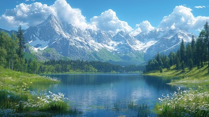 Serene mountain lake with snow-capped peaks and lush greenery under a bright blue sky.