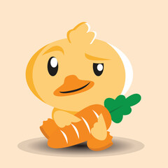 cute silly duck hugging carrot