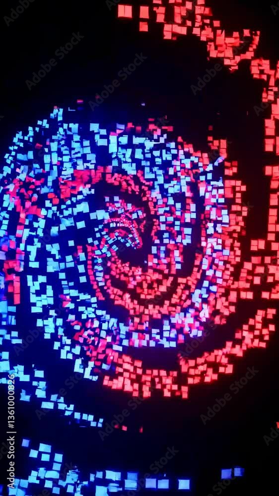 Poster top-down view of a digital art video with swirling red and blue pixelated squares, creating a dynami