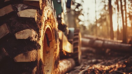 Close-Up View of Heavy Machinery Tire in Forest During Sunset, with Timber Logs in Background