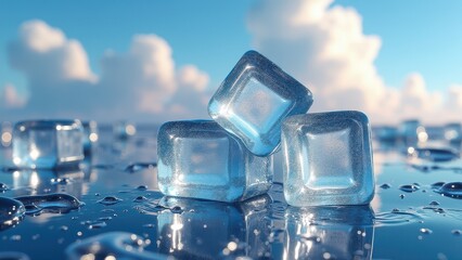 Fresh ice cubes melting on reflective snowy surface under bright sun	