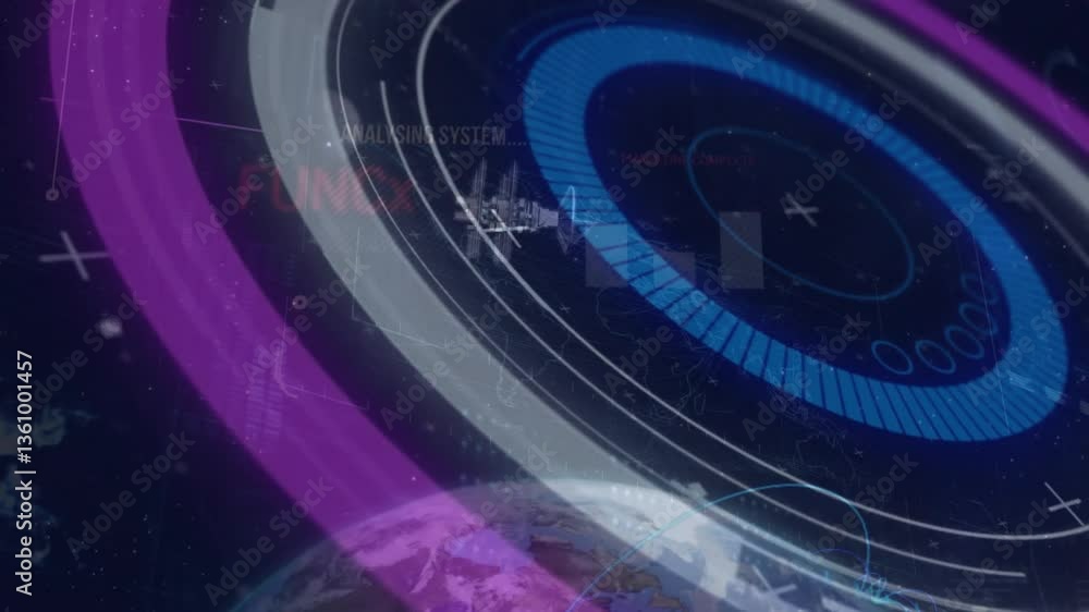 Aufkleber animation showing futuristic digital interface with circular graphics over earth
