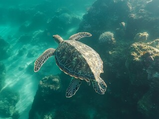 Green sea turtle swimming underwater  - ai