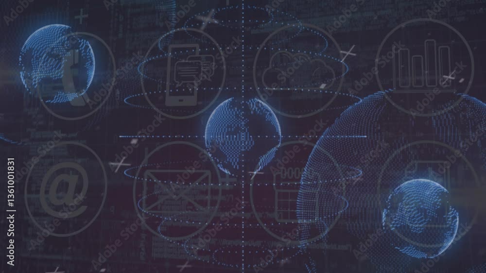Poster digital globe surrounded by technology icons and data processing animation