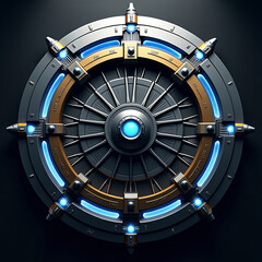 Naklejka premium Futuristic Mechanical Design – Intricate Gear-Like Structure with Glowing Blue Accents, Metallic Blues, Golds & Blacks, Sci-Fi Portal Aesthetic Featuring Precision, Energy, and Complex Detailing