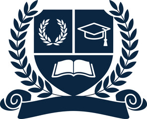 Elegant Navy Blue Academic Crest Design, Educational Emblem logo, Symbol of Knowledge, Achievement, and Academic Excellence