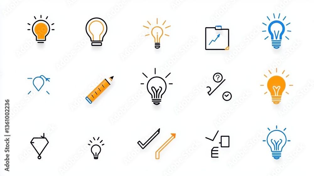Poster collection of creative lightbulb icons representing idea innovation strategy planning and problem so