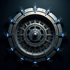 Naklejka premium Futuristic Mechanical Design – Intricate Gear-Like Structure with Glowing Blue Accents, Metallic Blues, Golds & Blacks, Sci-Fi Portal Aesthetic Featuring Precision, Energy, and Complex Detailing
