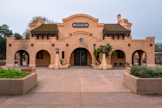 Photo the historic Mission Revival style Amtrak train station in downtown Davis, California. The station will be improved for increased train capacity for the Capitol Corridor rail service.