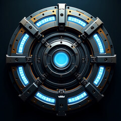 Naklejka premium Futuristic Mechanical Design – Intricate Gear-Like Structure with Glowing Blue Accents, Metallic Blues, Golds & Blacks, Sci-Fi Portal Aesthetic Featuring Precision, Energy, and Complex Detailing