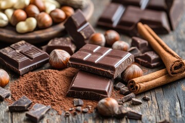 Dark chocolate bars, nuts, cocoa powder, and cinnamon on a rustic wooden table