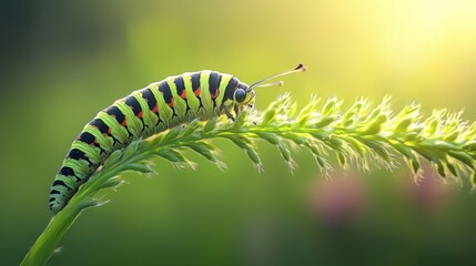 Colorful caterpillar perched on a green grass blade with a blurred natural background and soft sunlight illuminating the scene