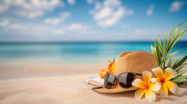 Serene tropical beach scene with a straw hat sunglasses and vibrant plumeria flowers on the sand evoking a sense of relaxation and escape