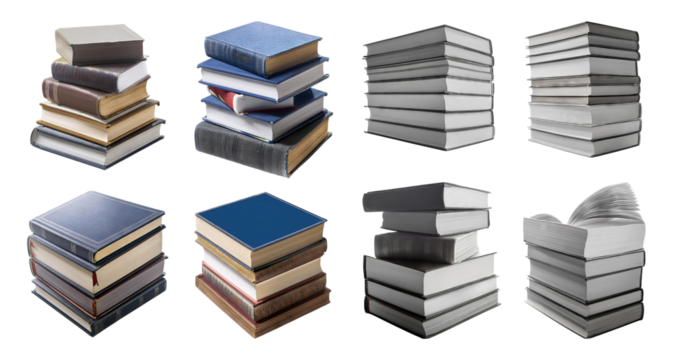 Stacked Books in Various Arrangements for School or Library Use, isolated on transparent background