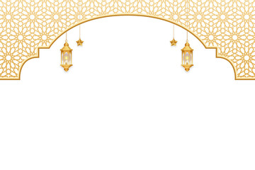 Islamic Arabic frame and decoration vector and illustration in gold and white background.