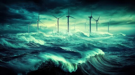 Dramatic and moody stormy seascape with offshore wind turbines generating renewable and eco friendly green energy against a backdrop of crashing waves churning ocean and ominous cloudy skies