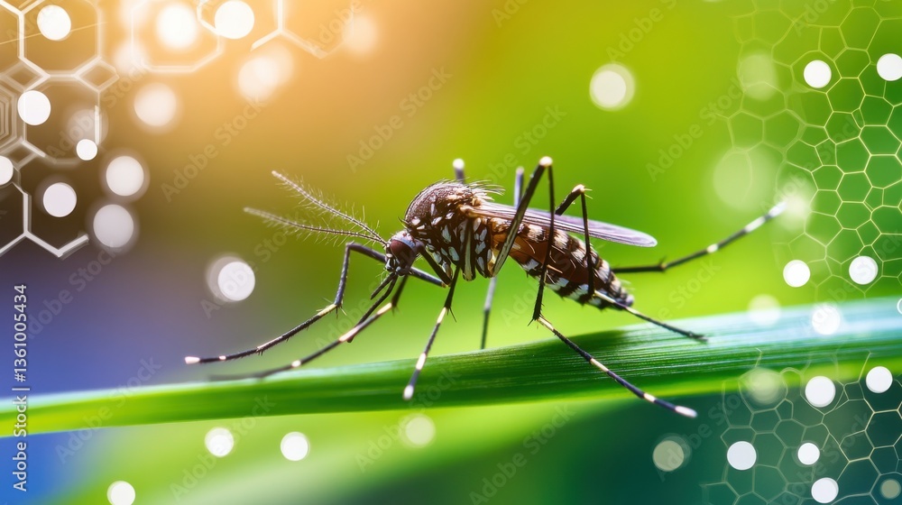 Poster close-up view of mosquito on green leaf with abstract background of molecular structure and light ef