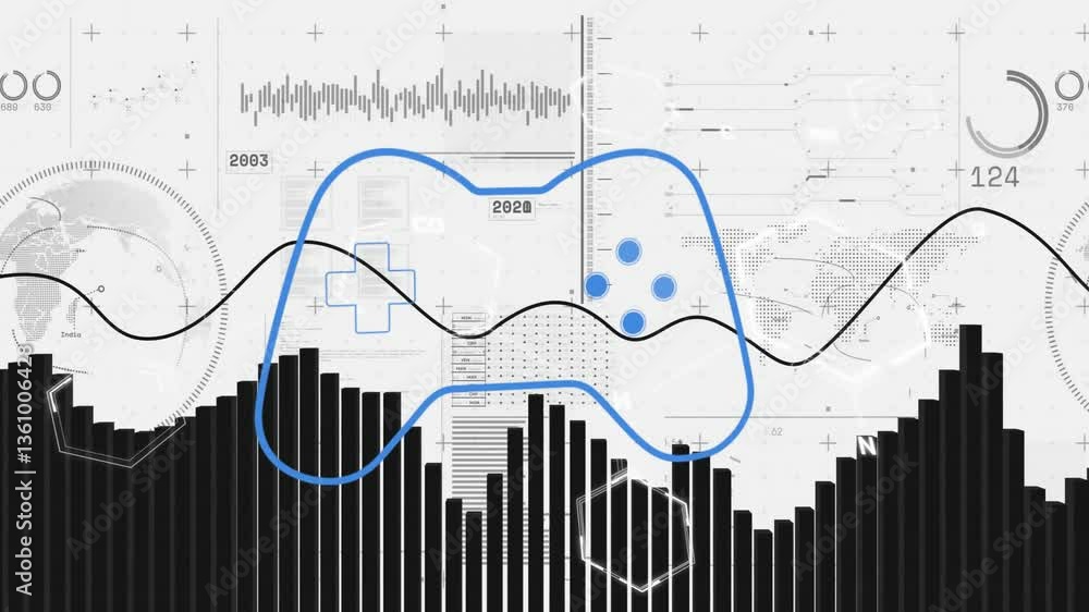Poster using animation, game controller overlaying data charts in digital school interface