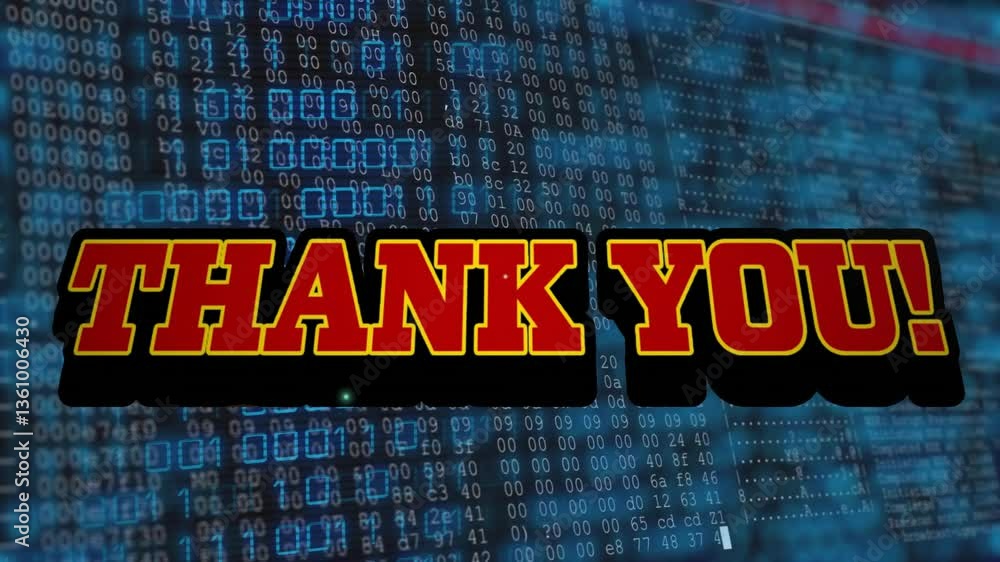 Poster bold thank you text overlaying digital binary code animation background