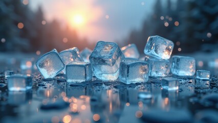 Fresh ice cubes melting on reflective surface in snowy forest at sunrise	