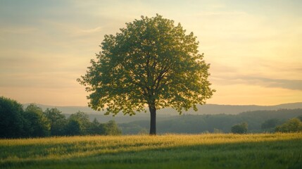 Fototapeta premium Twilight tree in tranquil meadow symbolizes growth and renewal