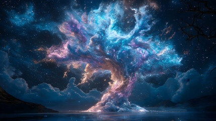 Obraz premium Cosmic Nebula Tree at Night: Glowing Celestial Landscape