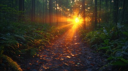 Obraz premium Sun rays illuminating a forest path at sunrise.