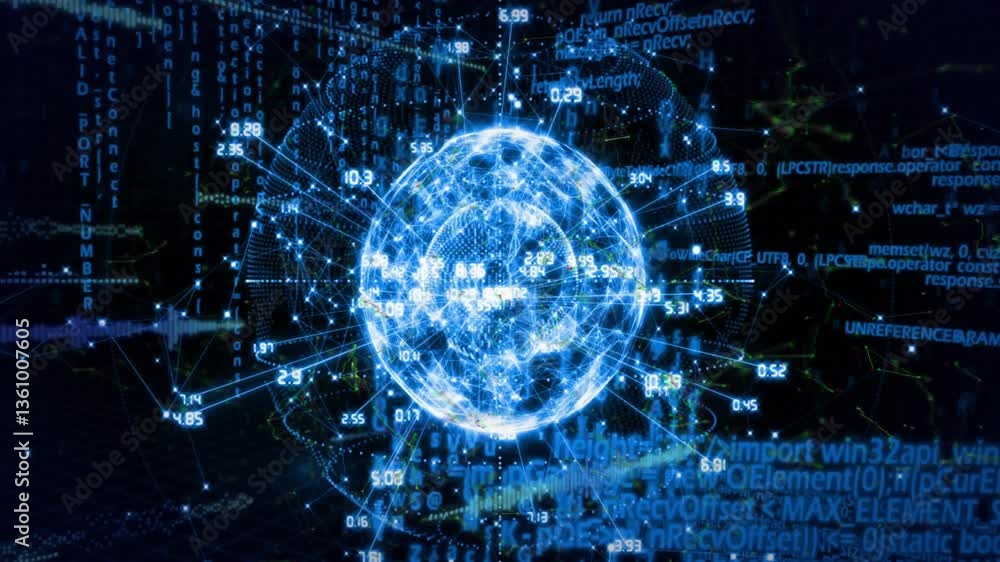 Poster animation of glowing digital globe surrounded by binary code in school setting