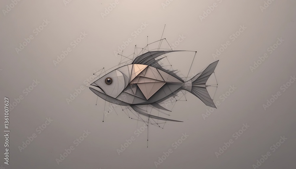 Poster abstract fish art with geometric shapes and lines on plain background
