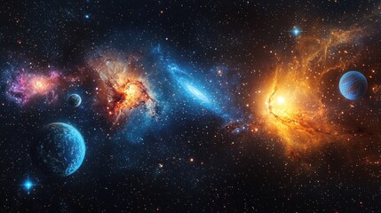 Obraz premium Vibrant nebulae, planets, and stars in a cosmic scene.