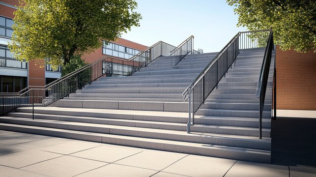 Wide outdoor concrete staircase leading to school building, trees on sides, sunny day.