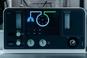 Artificial lung ventilation monitor in the intensive care unit. Medical equipment. Ventilation of the lungs with oxygen. Monitor and electrocardiogram in surgery, cardiology. Medicine concept, ads