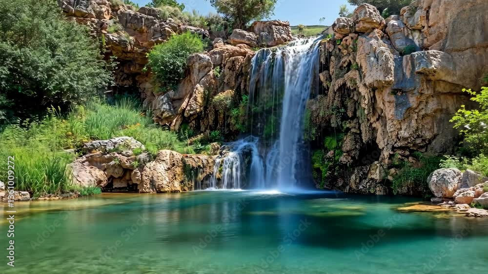 Poster scenic waterfall cascading into a serene pool surrounded by rocky cliffs and lush greenery under a c