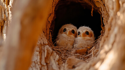 Baby owlets in nest during festival of owls week for nature and wildlife enthusiasts