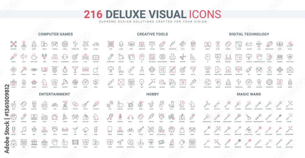 Poster digital technology and ai, video game for computer and phone line icon set. tools for creative desig