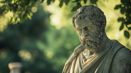 Fototapeta premium Greek philosopher statue in garden setting celebrating greek american heritage month