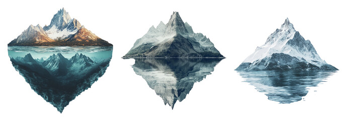 Stunning Mountain Landscapes with Reflections in Calm Waters, PNG bundle collection, Isolated on Transparent Background