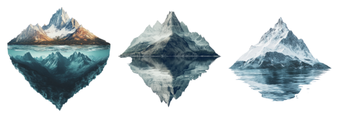 Stunning Mountain Landscapes with Reflections in Calm Waters, PNG bundle collection, Isolated on Transparent Background