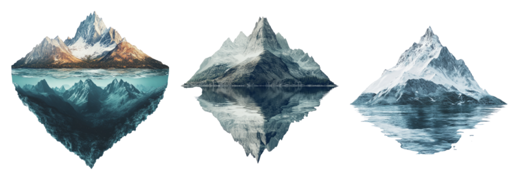 Stunning Mountain Landscapes with Reflections in Calm Waters, PNG bundle collection, Isolated on Transparent Background - Powered by Adobe